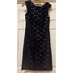 JESSICA HOWARD  navy Blue Tan Eyelet Lace Straight Stretch pullover Dress Size 4